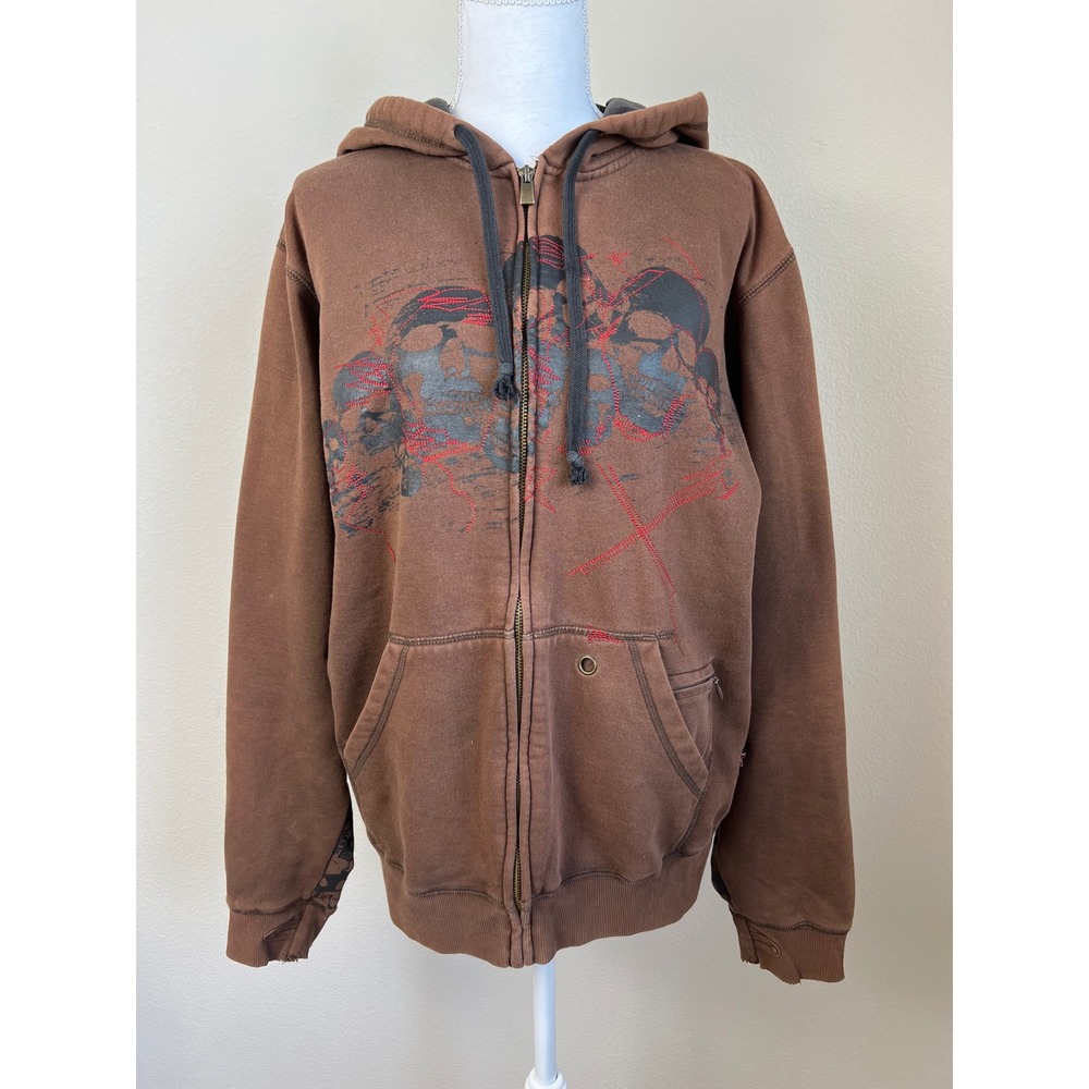 VTG Top Heavy Skull Full Zip Hoodie Brown Y2K Grunge Goth Punk Sweatshirt Men L